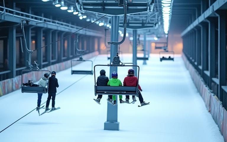 Chairlift moving up an indoor slope