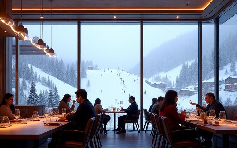 Restaurant interior with view of snow area
