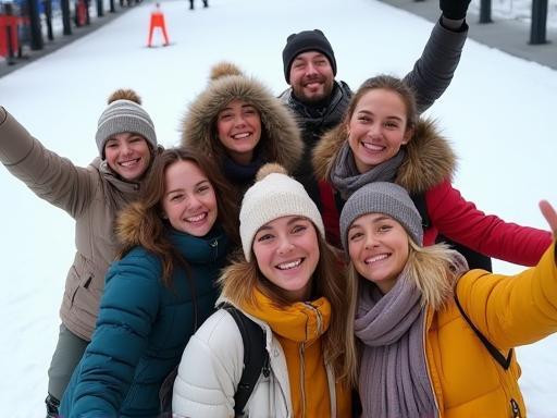 Group of friends posing on the ski slopes