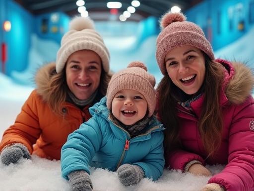 Family smiling and playing in the snow park