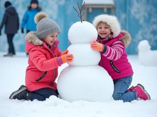 Children building a snowman in the snow park