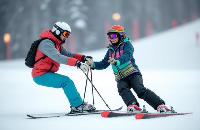 Ski instructor helping a student on the slope