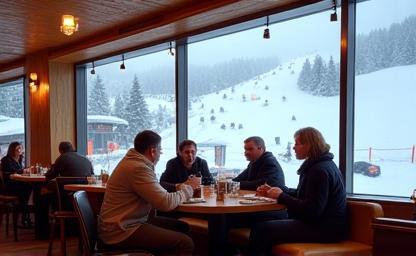 People sitting in a cafe overlooking the snow