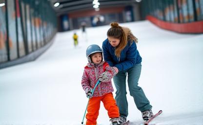 Instructor helping a young ski student